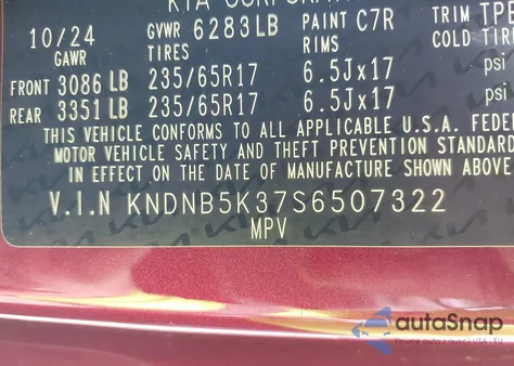 2025 Kia Carnival Mpv Lxs z USA, uszkodzony, nr VIN KNDNB5K37S6507322